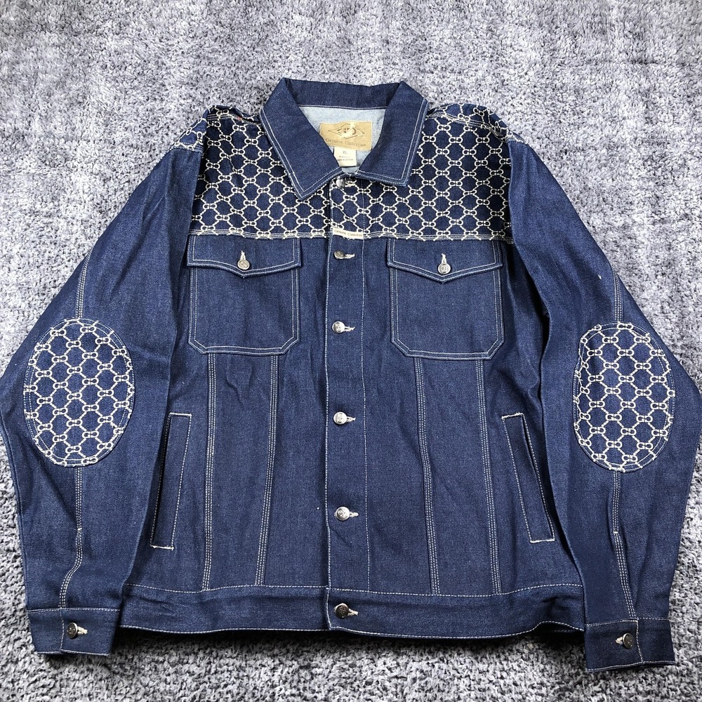 Genuine Collection Jacket Mens XL Blue Denim‎ Varsity Embroidered GC Pattern